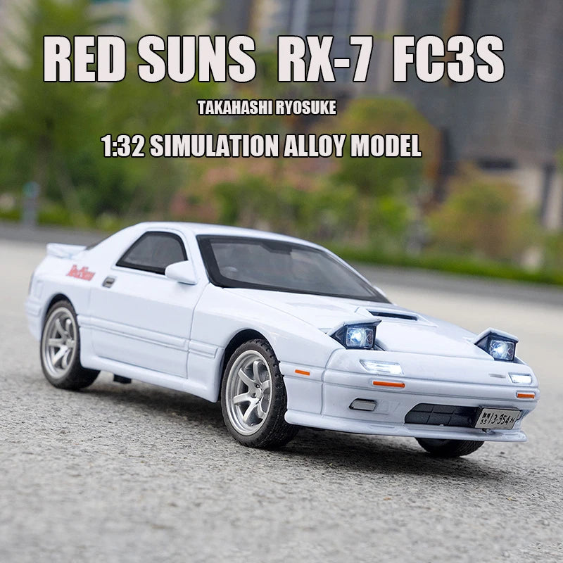 Carro em escala 1:32 MAZDA RX-7 FC3S Red Suns, em liga de metal. Perfeito para coleção e decoração.